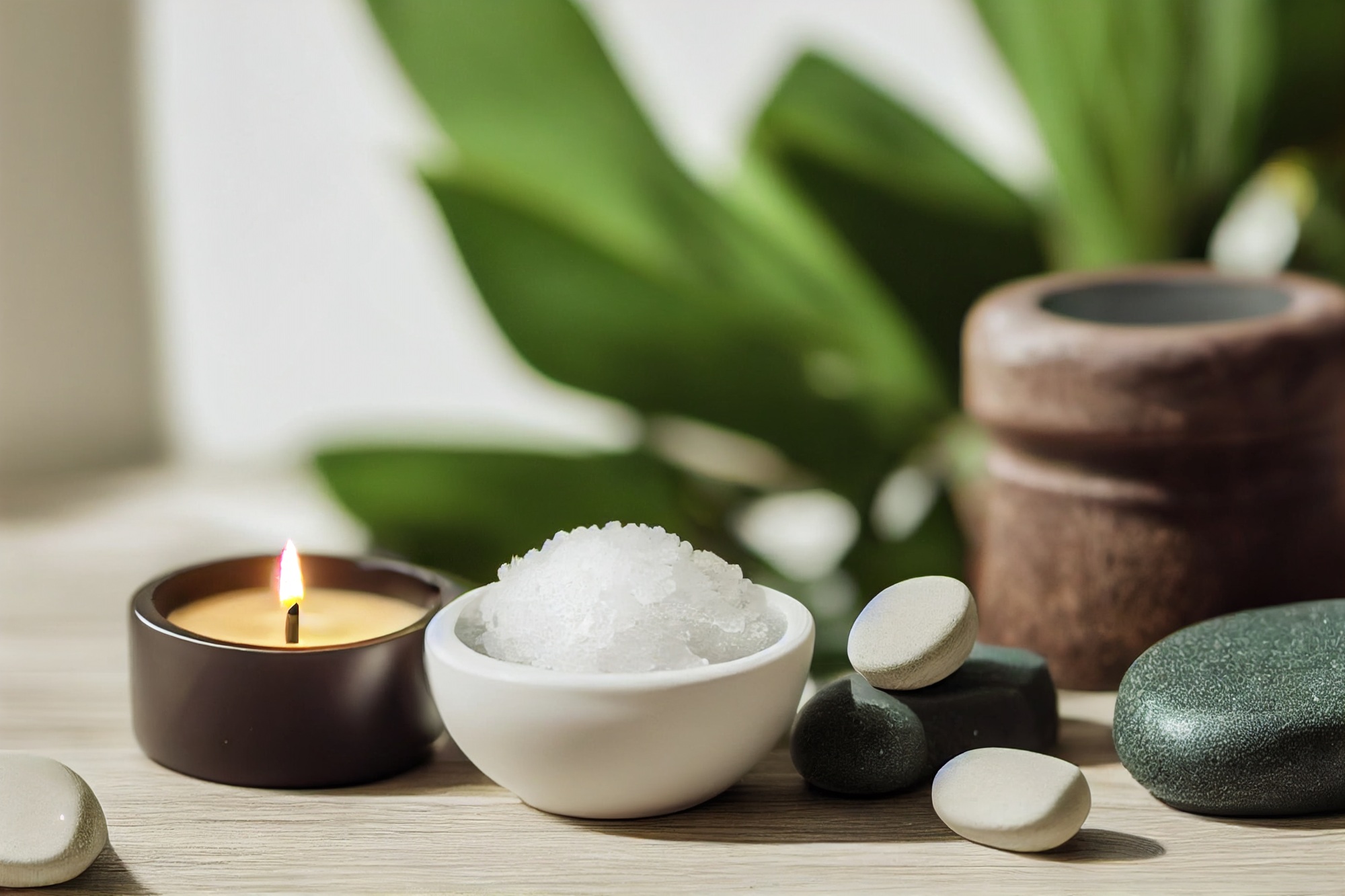 Wallpaper background of beauty treatment items for spa procedures on white wooden table. massage sto